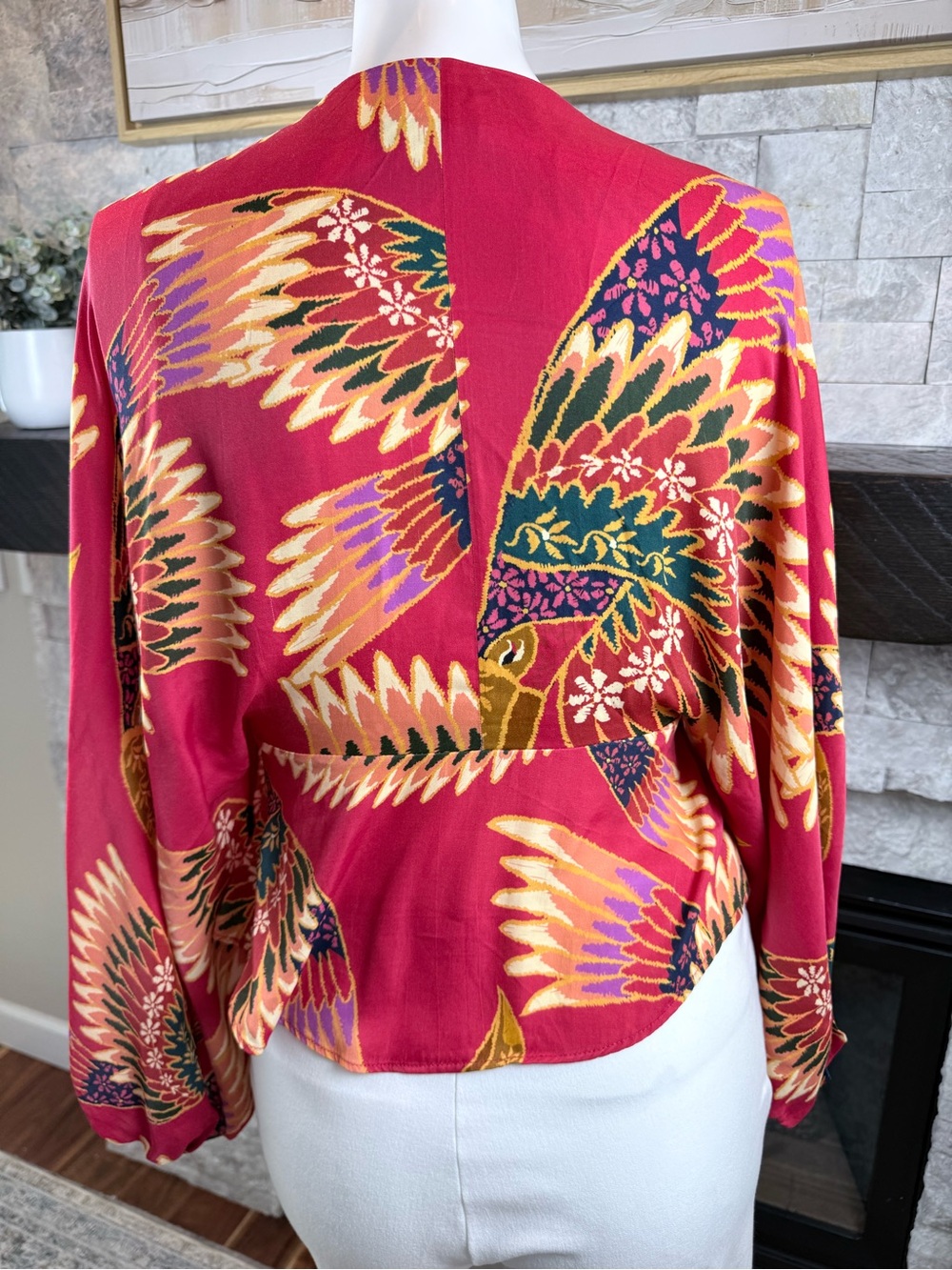Farm Rio Pink Tropical Bird Print Twist Front Blouse Balloon Sleeve XS - Picture 4 of 8